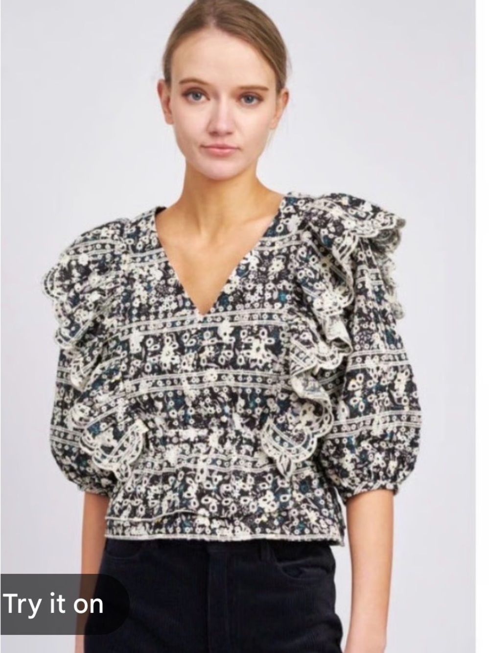 En Saison Alessandra black-and-white floral print cotton eyelet ruffle blouse xs